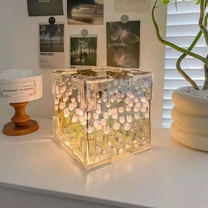 New Acrylic Tulip Night Light Handmade Creative 21 Flowers Mirror DIY Magic Cube Tulips Flower Table Lamp Birthday Gifts